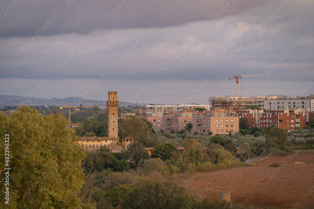 Beautiful landscape with sunrise and old castle in Rome, Italy