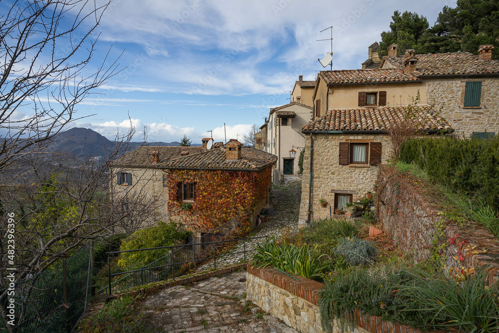 Cityscape on the streets of Borgo San Leo in Emilia Romagna, Italy