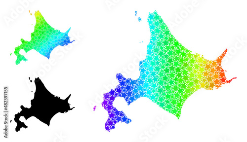 Rainbow gradient starred mosaic map of Hokkaido Island. Vector colorful map of Hokkaido Island with spectral gradients.