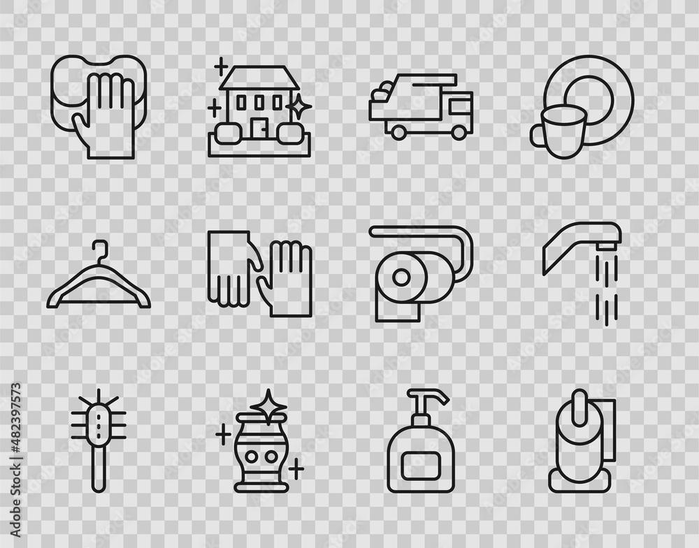Set line Toilet brush, paper roll, Garbage truck, Clean vase, Cleaning service, Rubber gloves, Bottle of liquid soap and Shower head icon. Vector Set line Toilet brush, paper roll, Garbage truck, Clean vase, Cleaning service, Rubber gloves, Bottle of liquid soap and Shower head icon. Vector