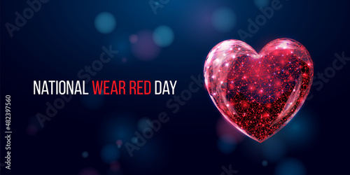 National wear red day concept. Banner with wireframe red heart. Abstract modern 3d vector illustration on blue background