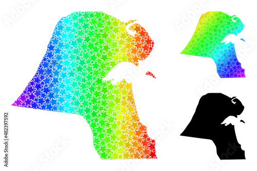 Spectrum gradiented star mosaic map of Kuwait. Vector colored map of Kuwait with spectral gradients. Mosaic map of Kuwait collage is constructed with chaotic colored star parts.