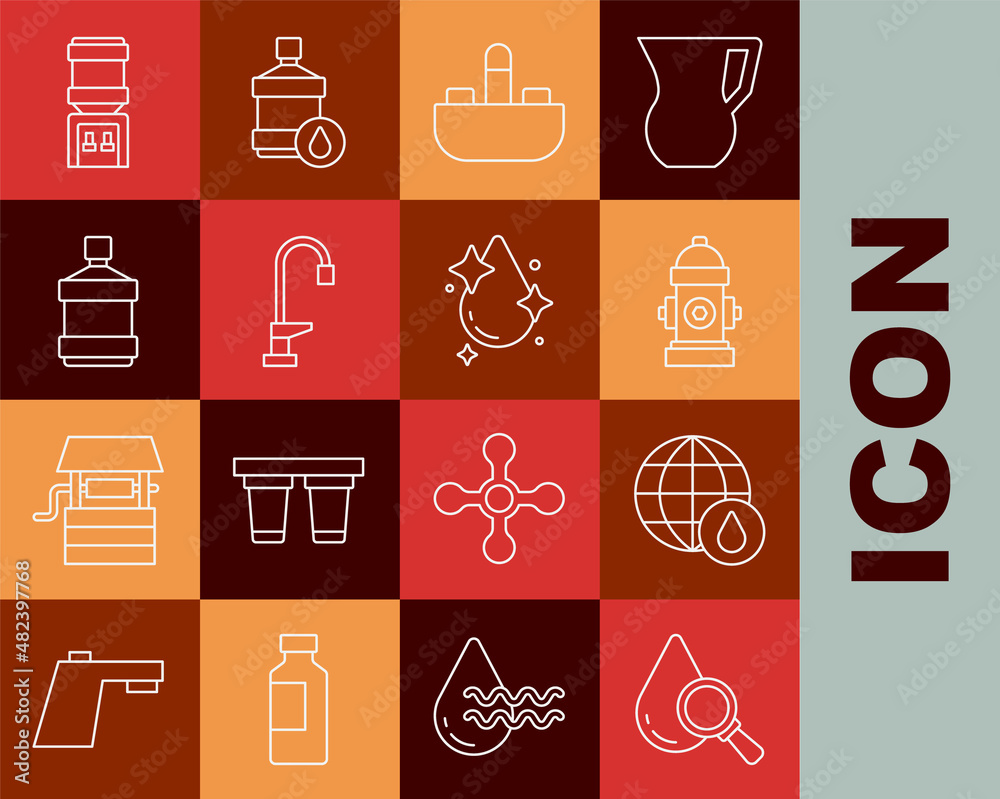 Set line Drop and magnifying glass, Earth planet water drop, Fire hydrant, Washbasin with tap, Water, Big bottle clean, cooler and icon. Vector Set line Drop and magnifying glass, Earth planet water drop, Fire hydrant, Washbasin with tap, Water, Big bottle clean, cooler and icon. Vector