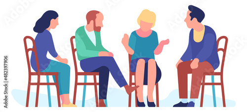 Addiction treatment session. People discussion in psychological group