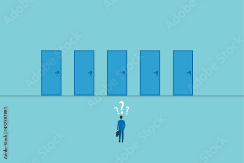 Concept of businessman choosing the right door. Direction way concept. Decisions and competition concept. Business direction development, creative Ideas, competition. creativity, new idea.