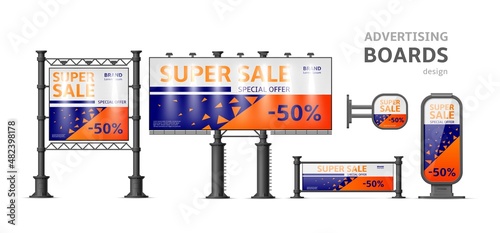 Advertising boards. Realistic signboards group. Different types of stands and lightboxes. Illuminated roadside object. Sale and special offer banners. 3D signage. Vector billboards set