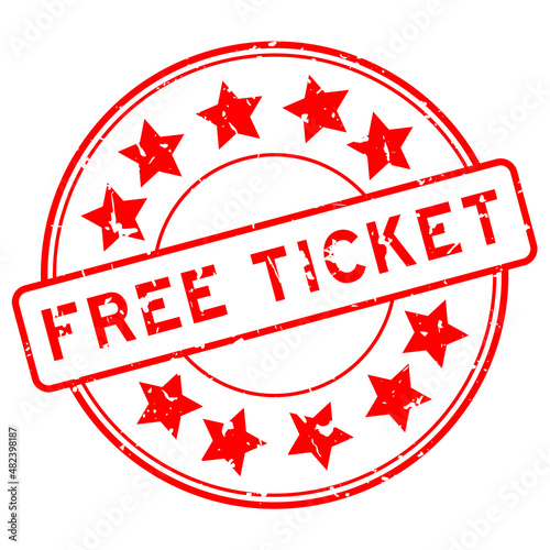 Grunge red free ticket word with star icon round rubber seal stamp on white background