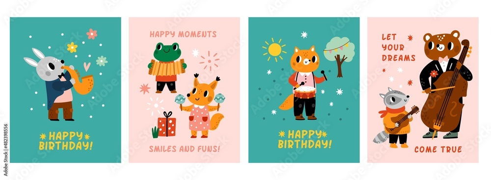 Birthday posters with cute animals. Holiday greeting card. Forest musicians with different instruments. Zoo jazz band. Happy orchestra performers play music. Vector festive banners set