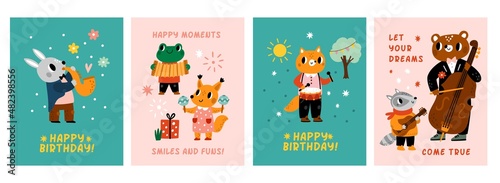 Birthday posters with cute animals. Holiday greeting card. Forest musicians with different instruments. Zoo jazz band. Happy orchestra performers play music. Vector festive banners set