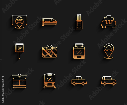 Set line Cable car, Train, Location with taxi, Car, Gps device map, and Tram and railway icon. Vector