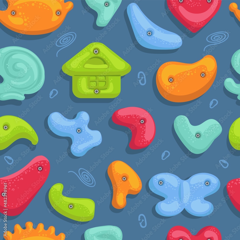 Climbing grips seamless pattern. Colorful hooks for artificial rocks. Different shapes repeating elements. Stable ledges. Mountaineering training wall. Extreme sport. Vector background