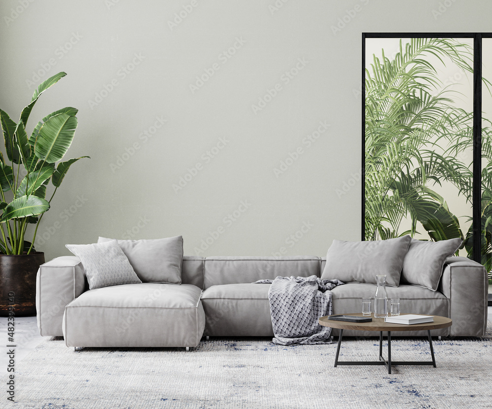living room interior mock up in gray tones with tropical palm tree leaves, 3d rendering living room interior mock up in gray tones with tropical palm tree leaves, 3d rendering