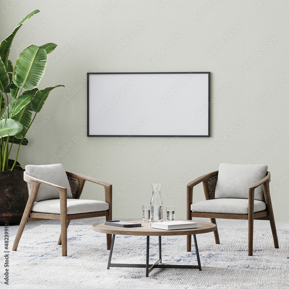 horizontal frame in room with two chairs and coffee table on rug, tropical plant in pot, empty wall, 3d rendering horizontal frame in room with two chairs and coffee table on rug, tropical plant in pot, empty wall, 3d rendering