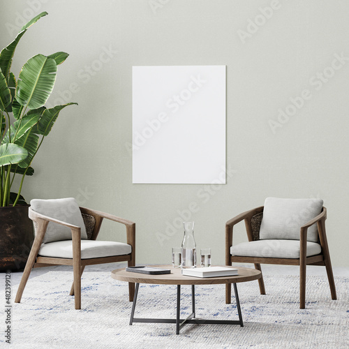 Fototapeta Naklejka Na Ścianę i Meble -  canvas mock up in room with two chairs and coffee table on rug, tropical plant in pot, empty wall, 3d rendering