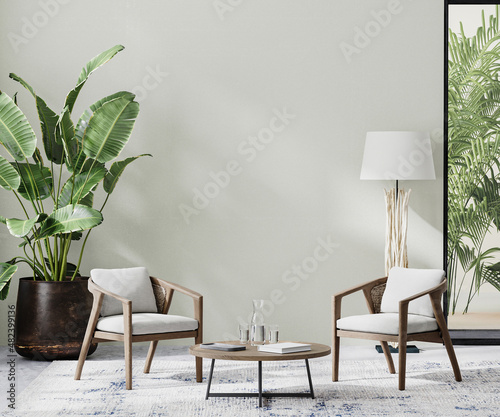 room interior with light neutral wall with sunlight and wooden furniture with tropical plant and palm leaves, 3d rendering