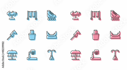 Set line Attraction carousel, Basketball backboard, Swing, Street light, Sand bucket, Boat swing, Toy horse and Double icon. Vector