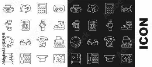 Set line Vinyl player, Retro typewriter, Sport sneakers, Calculator, Cassette tape, Camera roll cartridge, Home stereo with two speakers and Wrist watch icon. Vector
