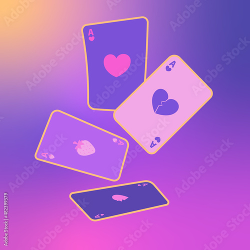 Vector illustration of playing cards with hearts and strawberries. An idea for postcards and invitations.
