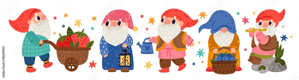 Cute garden gnomes. Cartoon dwarfs characters. Bearded men engaged in  gardening. Fabulous creatures in colored caps. Old leprechaun. Vector set  of senior elves carry baskets with berries Stock Vector | Adobe Stock