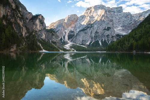 Braies Lake ( Pragser Wildsee ) in Dolomites Alps, Sudtirol, Italy