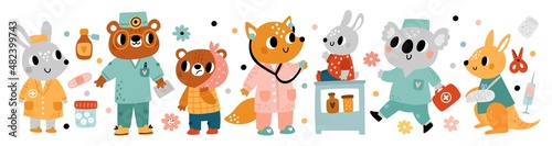 Cute sick animal. Funny doctors and patient. Injuries, bruises and bad tooth. Bear in medical uniform. Fox with stethoscope. Koala pediatrician and hare dentist. Vector hospital kids set