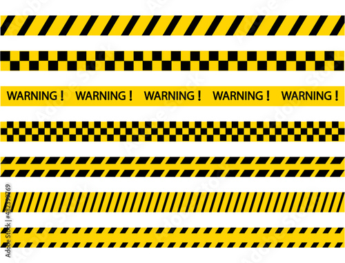 Warning tape stripe set. Police border yellow and black collection stripes. Barricade construction tape. Vector illustration isolated on white background © Margarita