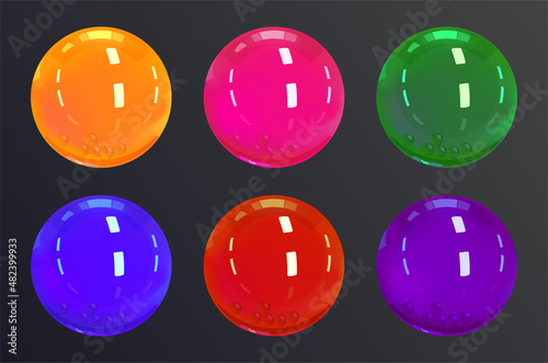Set of six elements with spheres and bubbles for game design. Round gems, treasures. Templates for mobile, client and browser applications. Volumetric vector colorful objects for stylization.