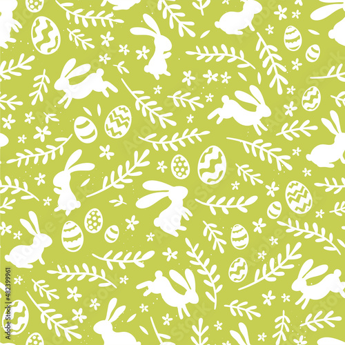 Cute hand drawn Easter seamless pattern with bunnies, flowers, easter eggs, beautiful background, great for Easter Cards, banner, textiles, wallpapers - vector design