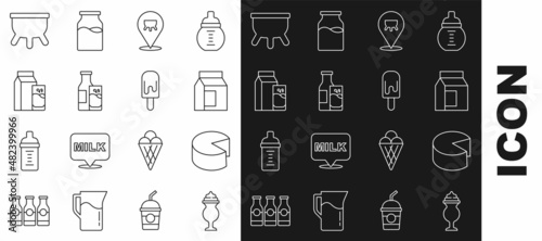 Set line Milkshake, Cheese, Paper package for milk, Udder, Bottle and glass, kefir, and Ice cream icon. Vector