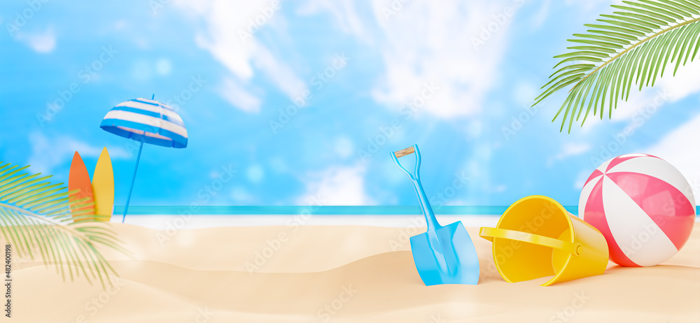 surfboard with rubber ring and decoration on sand beach for summer concept.