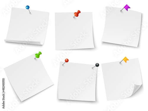 Fixed paper pieces. Realistic white pinned notes. Blank stickers mockups. 3D stationery buttons and fasteners. Isolated attached reminder pages with curved edges. Vector memo sheets set