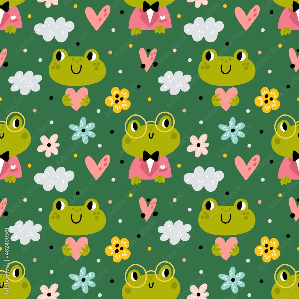 Fototapeta premium Funny frogs seamless pattern. Cute green animals, little cartoon amphibians with flowers, baby toad characters in glasses, childish background. Decor textile, wrapping paper, vector print