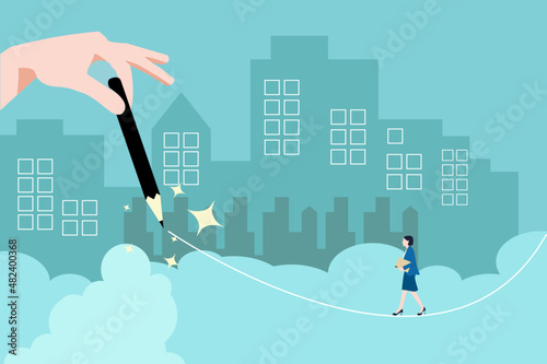 Risk challenge in business concept-Businesswoman walking on pathway to success, walking on balancing tight rope as it is drawn by big hand. Eps10 vector illustration.