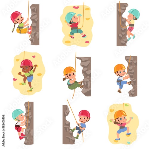 Kids climbing. Extremal children sport. Teenagers clambering artificial rocks or cliffs. Walls with projections. Boys and girls cling to ledges. Rope safety. Vector mountaineering set