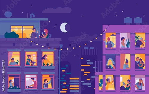 Neighbors in windows. Housemates relaxing at home in evening. Night city. Glowing lights. People activities. Romantic dinner on roof. Rest after work. Nighttime cityscape. Vector concept