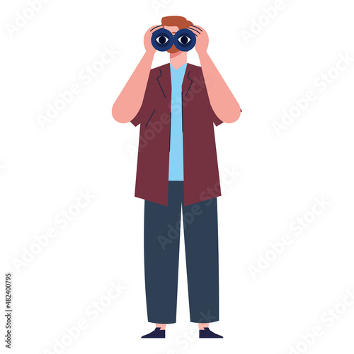 standing man searching with binoculars