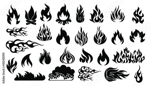 A set of fiery tongues of flame. Collection of hot flaming element. Isolated silhouettes on a white background