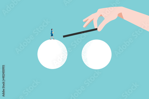 Business support, help, investment vector concept. Giant Hand helping small businessman, minimal design. Symbol of opportunity, challenge, leadership. Eps10 illustration.