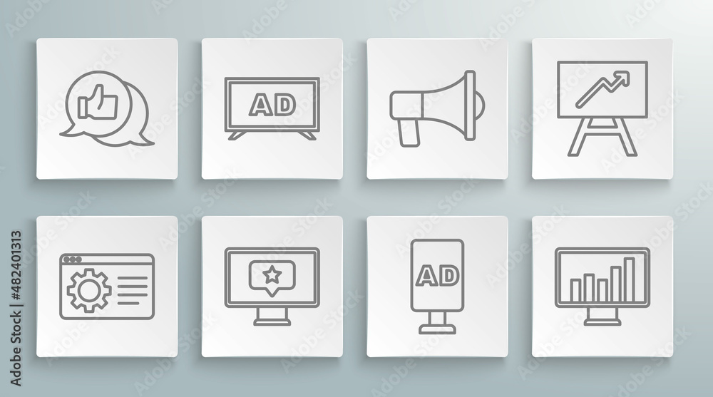 Set line Browser setting, Advertising, Monitor with star, graph chart, Megaphone, Board and Customer product rating icon. Vector