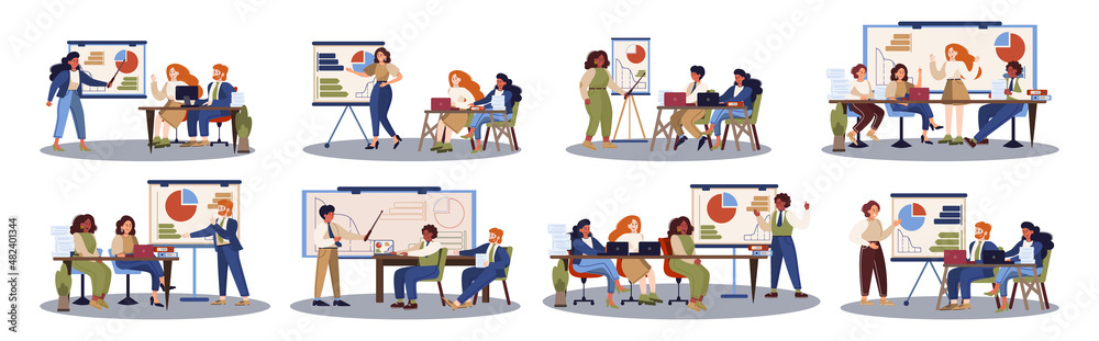 Business character making presentation in front of group of co-worker set. Business character making presentation in front of group of co-worker set.