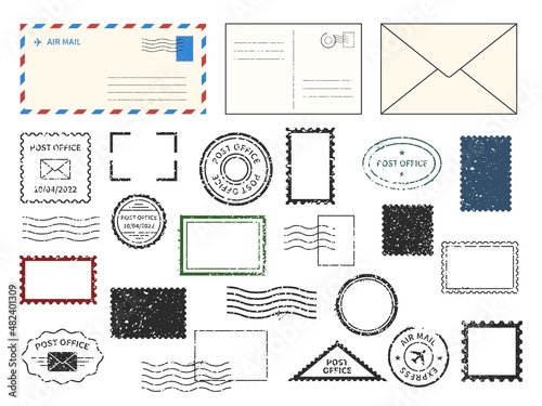 Postal with stamps envelope. Different types of letters and post cards. Delivery postmarks and labels. Vintage grunge textures. Correspondence seal imprints. Vector mail office elements set