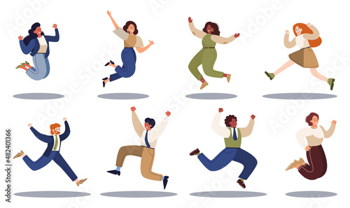 Jumping business woman and man set. Happy and successful employee