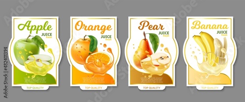 Realistic fruit labels. Different juices stickers. Fresh drinks brand emblems. Packaging tags with apple and orange. Liquid splashes. Pear and banana. Vector beverage package badges set