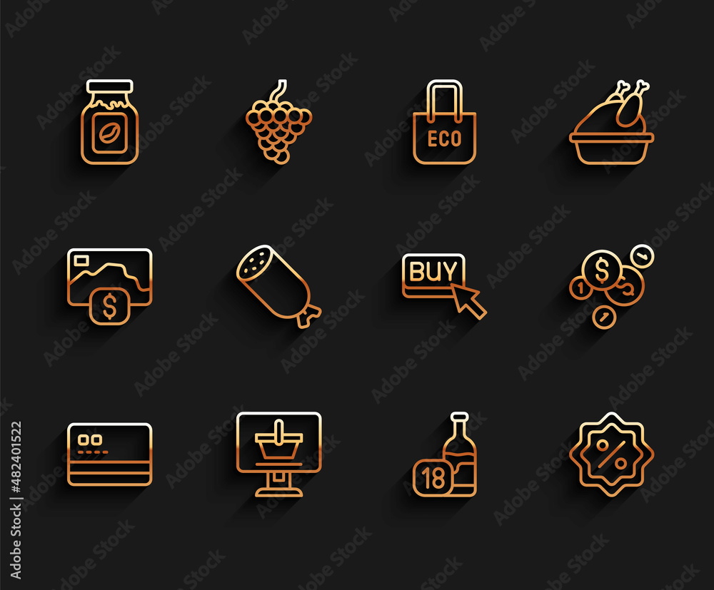 Set line Credit card, Shopping cart on computer, Coffee jar bottle, Wine, Discount percent tag, Salami sausage, Coin money with dollar and Buy button icon. Vector