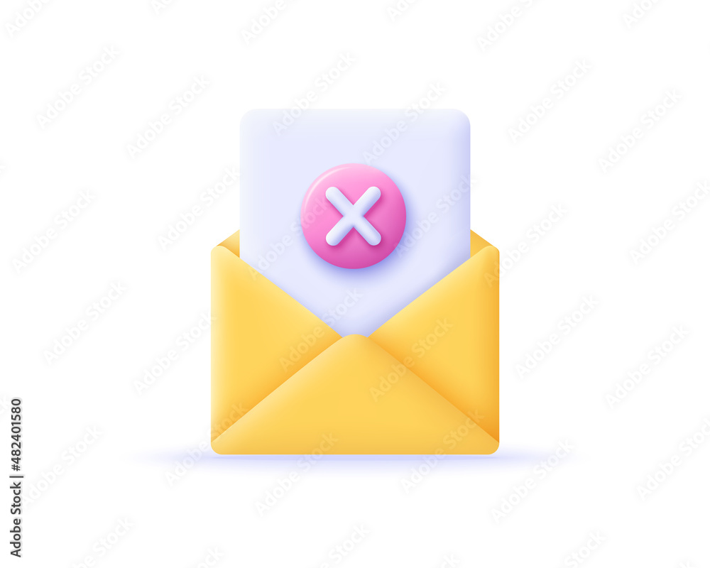 3D envelope icon. Mail sign with pink cross. Email concept to cancel or ...