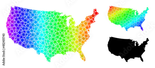 Rainbow gradient stars collage map of USA. Vector colored map of USA with spectral gradients. Mosaic map of USA collage is designed with chaotic colored star parts.