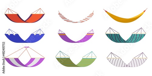Resort hammocks. Outdoor relax time. Recreational fabric objects. Touristic comfort swing couches. Colorful summer adaptations. Hanging sofas for picnic. Vector garden furniture set