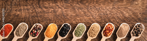 Various spices in wooden spoons top view with copy space banner © SerPhoto