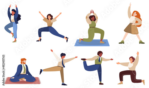 Business woman and man in yoga pose set. Asana or exercise for men and women.