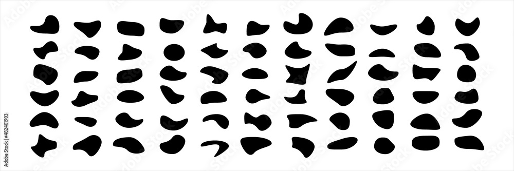Set of different blotch shapes. Random abstract liquid shapes, round abstract organic elements. Pebble, drops and blobs silhouettes. Simple rounded shapes. Vector illustration Set of different blotch shapes. Random abstract liquid shapes, round abstract organic elements. Pebble, drops and blobs silhouettes. Simple rounded shapes. Vector illustration